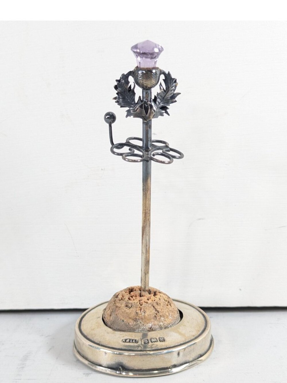 Antique Edwardian Sterling Silver Hatpin Stand, Scottish thistle purple glass